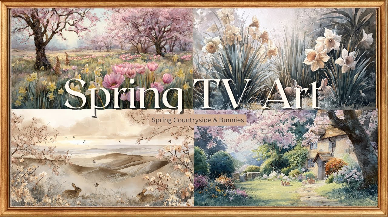 Vintage Spring Framed TV Art | 4 Watercolour Spring Scene Paintings | 4K Gold Frame |