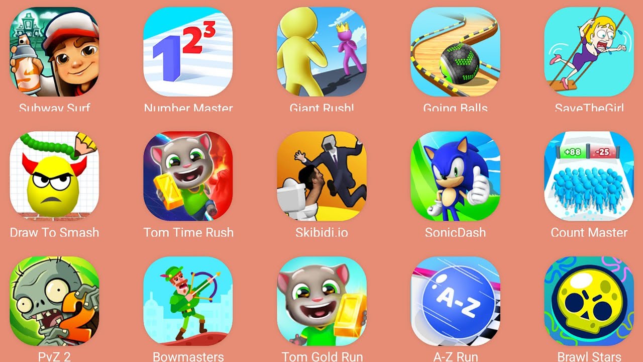 Tom Time Rush,Number Master,Subway Surf,Sonic Dash,Count Master,Tom Gold Run,Bowmasters,Going Balls