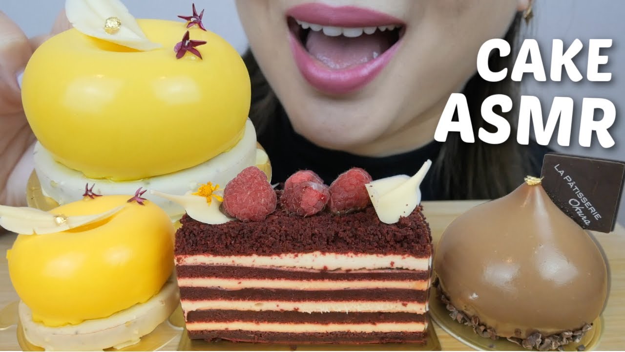 ASMR *Mini CAKES Mango Mousse, Red Velvet and Caramel Chocolate Mousse cake NO TALKING FOOD Sounds