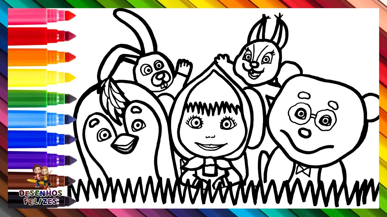 Desenhar e Colorir Masha com Seus Amigos 👧🏼🐼🐧🐰🐿️ Desenhos para Crianças