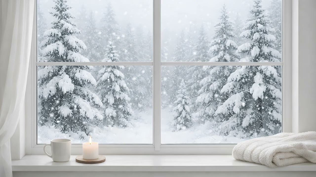4K WINTER WINDOW - Snowing Forest View - 1 Hour Cozy Winter Ambiance / TV Frame Art / Still Frame