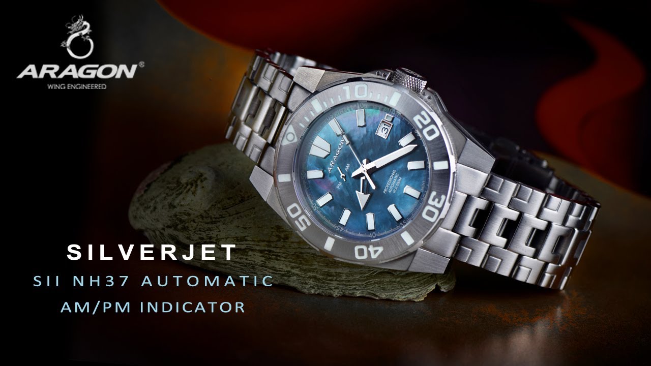 ARAGON® The NEW Silverjet Mother of Peal NH37 Automatic with AM/PM Indicator