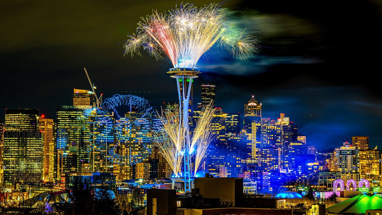 Full drone + fireworks show of new year 2025, #Seattle WA #SpaceNeedle