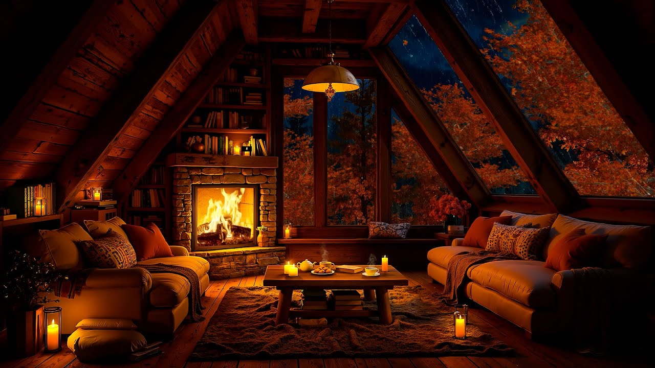 Autumn Night in Cozy Hut Ambience 🍂 Jazz Relaxing Music with Rain & Fireplace Sounds to Study, Sleep