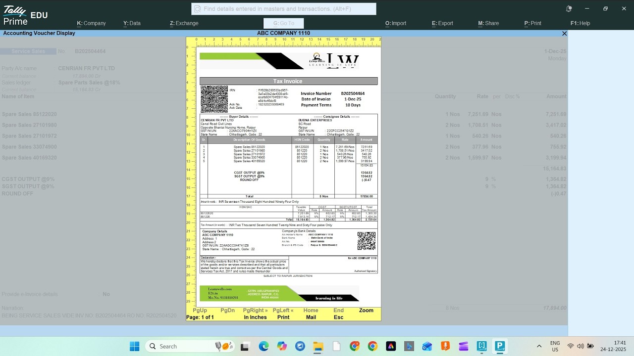 INVOICE FORMAT TallyPrime 7.0 @Learn Well | PROFESSIONAL TallyPrime Invoice Format