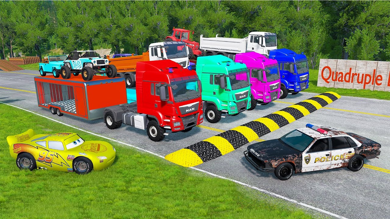 Quadruple Trucks Transporting cars with Flatbed Trailers | Cars vs Speedbump vs Train vs Pothole 100