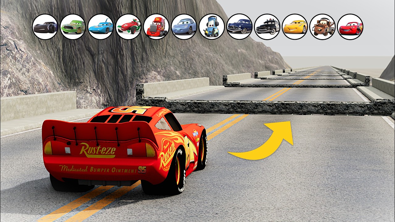 Тачки Pixar против разрушенного моста! Челлендж в BeamNG Drive