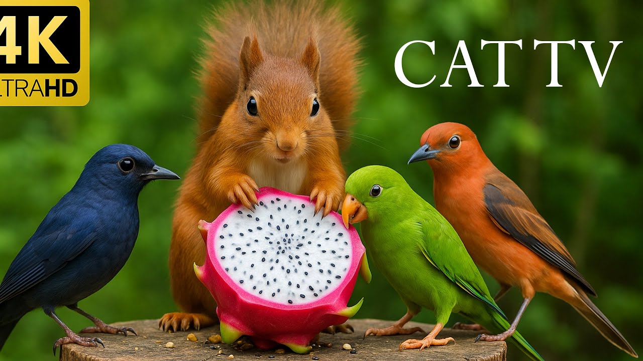 Cat TV for Cats to Watch – Birds Chirping & Squirrel Picnic in Nature 4K 🐦🐿️🍃