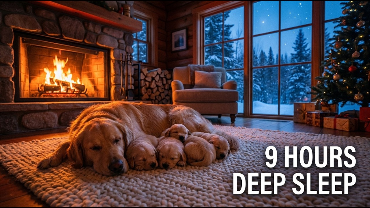 9 Hours Relaxing Sleep Music with Golden Retriever by the Fireplace ❄️ (Deep Sleep & Winter Dream)