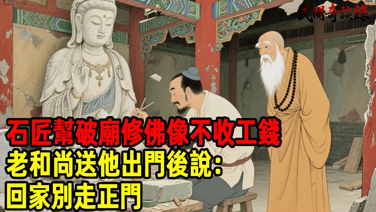 石匠幫破廟修佛像不收工錢，老和尚送他出門後說：回家千萬別走正門！【民間奇談錄】#民間故事 #台灣傳說 #懸疑故事 #銀髮頻道 #懷舊故事 #助眠故事