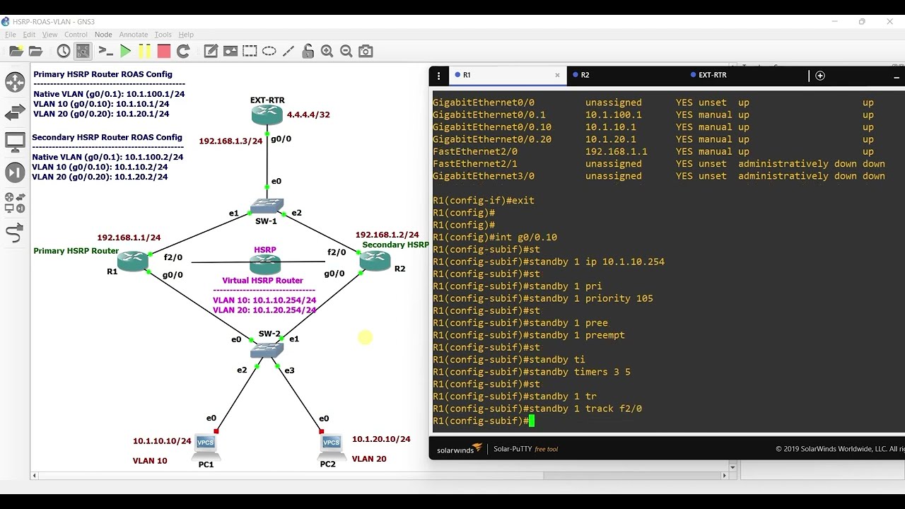 How to configure HSRP (Hot Standby Router Protocol) on a ROAS (Router on a Stick) in GNS3