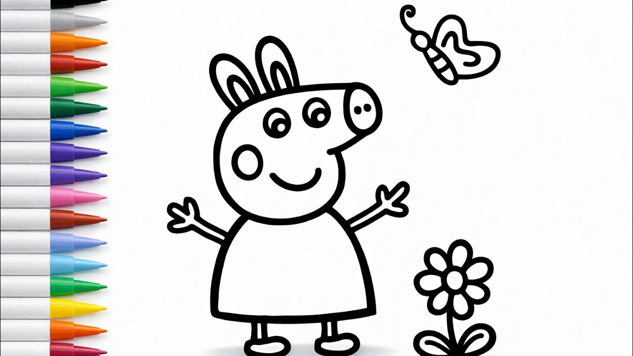 Cute Peppa Pig Drawing with Butterfly and Flower