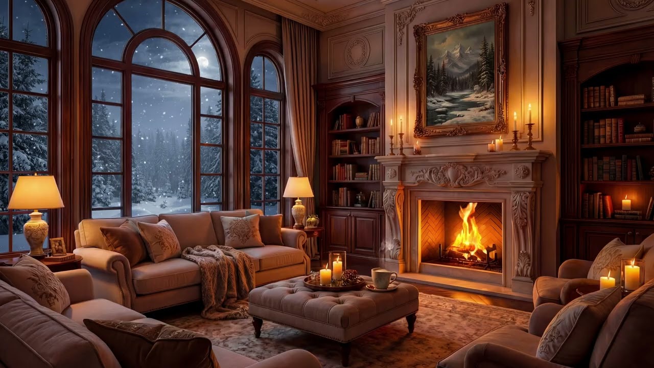 Cozy Winter Night at the Mansion: Relaxing Fireplace Sound & Snowfall Outside 🪵🔥 [4K]
