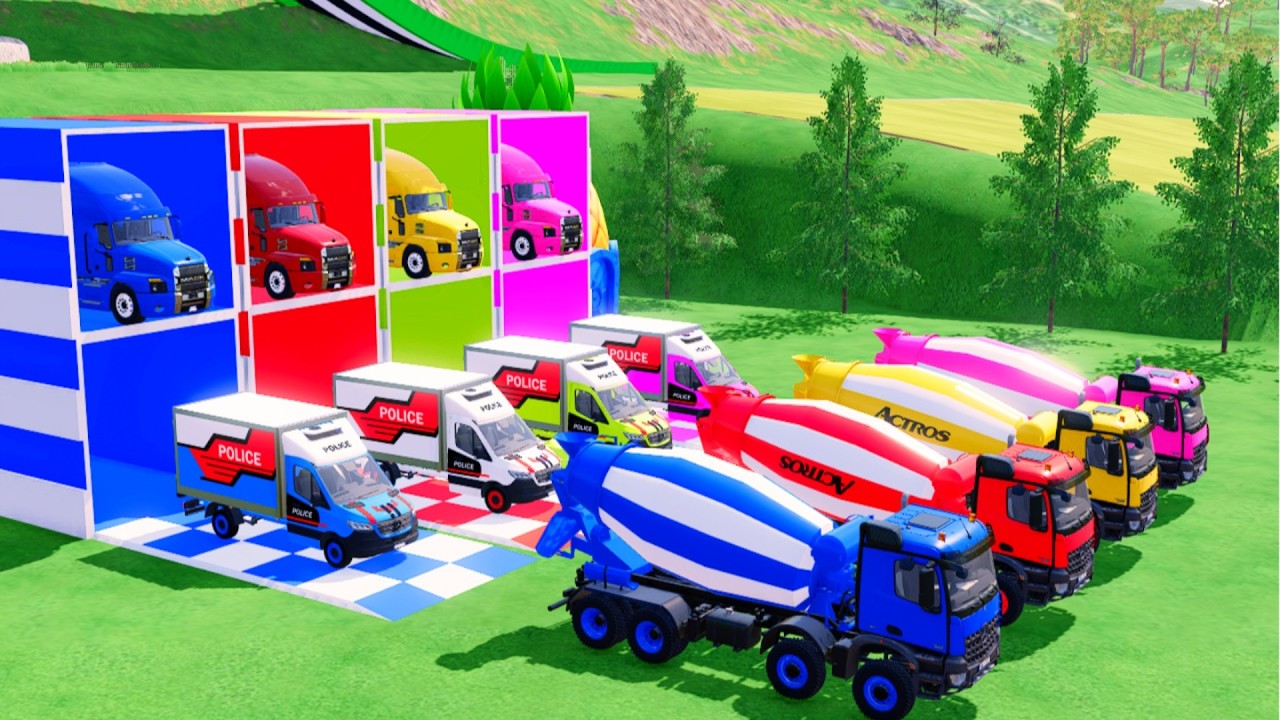 TRANSPORTING ALL THE COLORFUL MIXER TRUCKS,POLICE BOX TRUCKS, WITH MACK TRUCKS TO THE GARAGE
