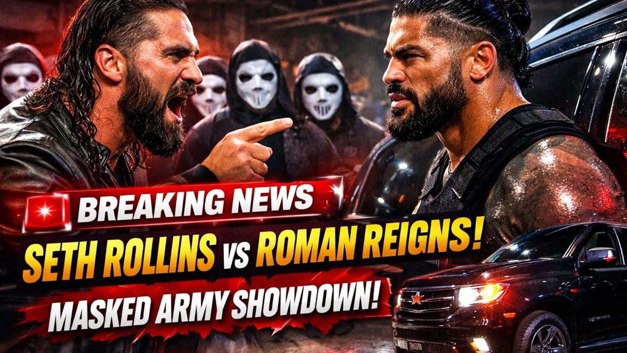 SETH ROLLINS MEETS ROMAN REIGNS WITH HIS MASK ARMY BESIDE ROMAN REIGNS'S CAR