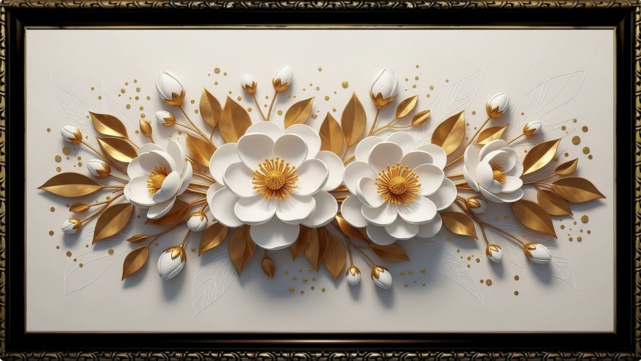 Minimal White & Gold Floral Relief 4K | Refined Elegant Canvas Display