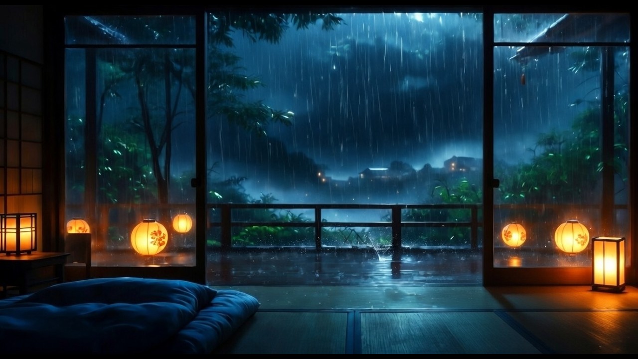 Peaceful Japanese Room in Heavy Rain 🌧️ Cozy Lantern Night for Deep Sleep (No Ads)