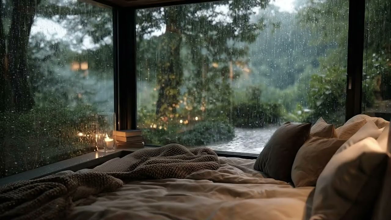 Rain, Wind, and Thunder Surrounding a Glass House in the Forest | Dark Sleep Ambience 🌧️⚡🌲