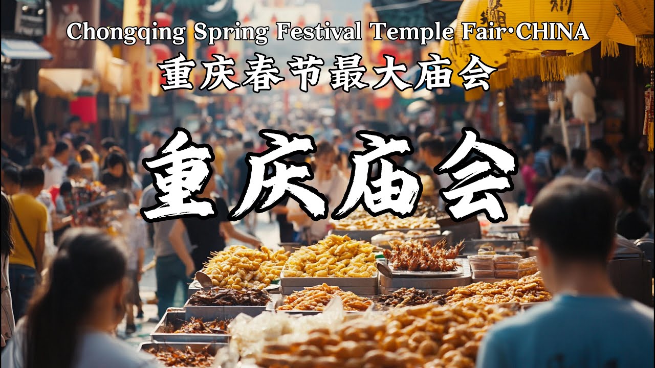 重庆春节超级大庙会，怀胎豆腐/军屯锅盔/包心糍粑/宫廷牛肉饼/黄凉粉/烤包子/三角粑/超级大肉串/梅菜扣肉饼/川剧变脸等，一系列美食与民俗活动，Chongqing Temple Fair&middot;CHINA