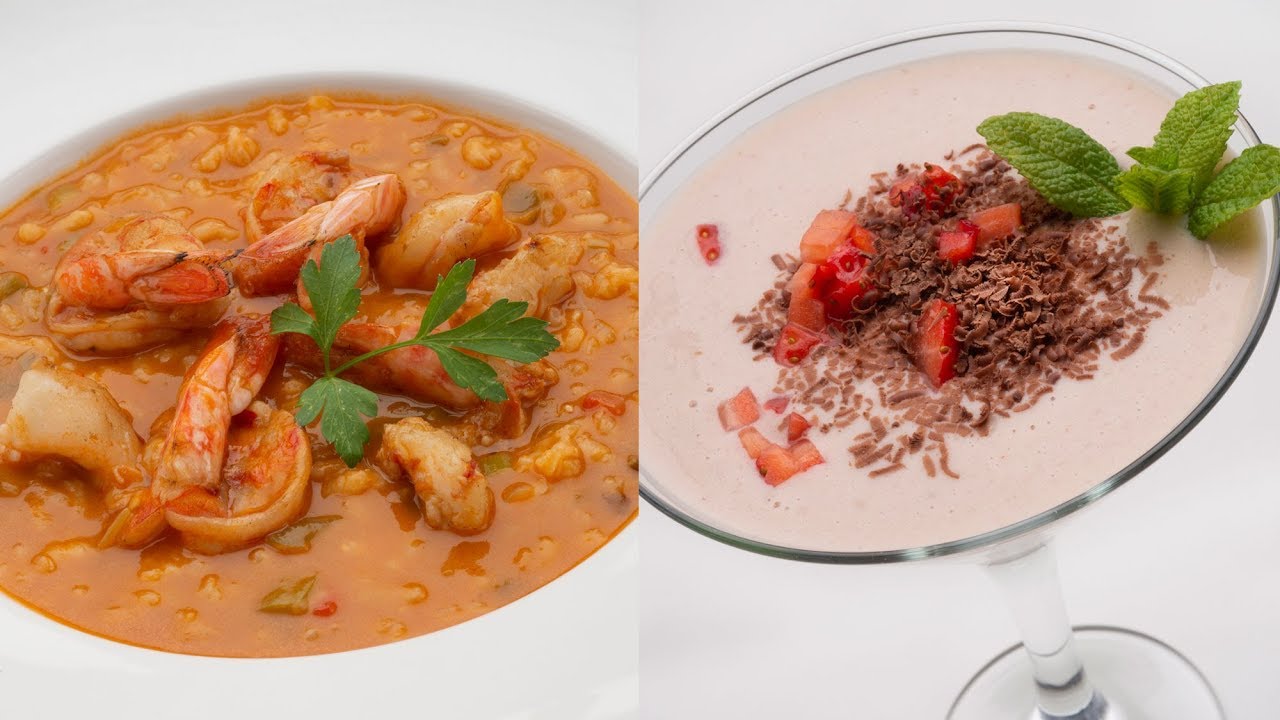 Arroz caldoso con langostinos y Natillas de fresa con virutas de chocolate - Karlos Arguiñano