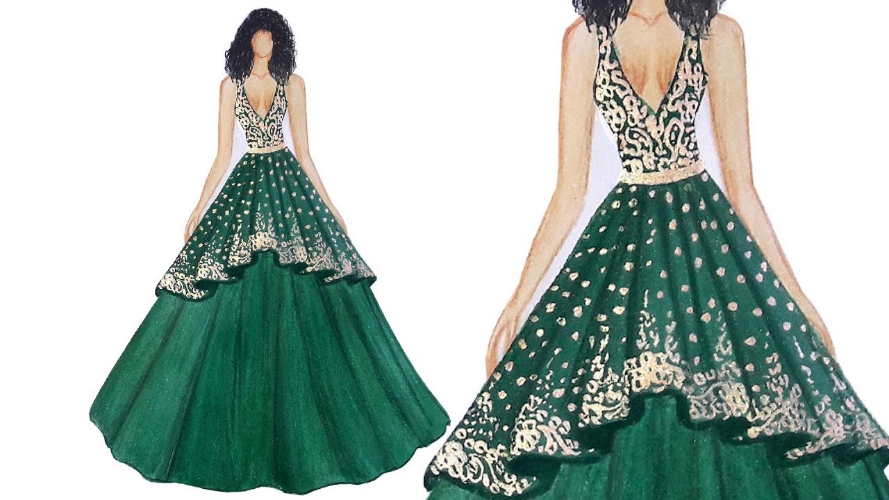 Fashion illustration painting for beginners | green dress design