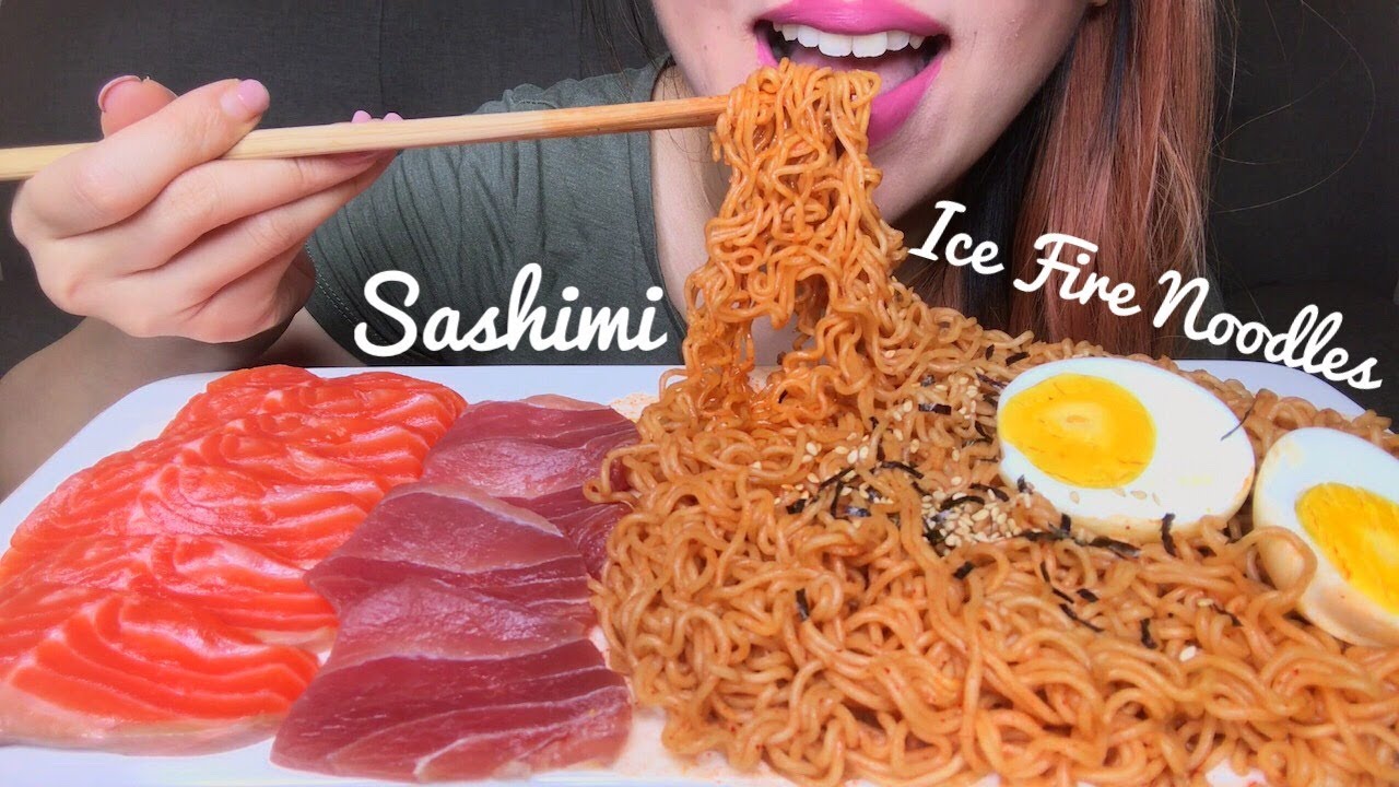 ASMR ❄️🔥ICE TYPE FIRE NOODLES + SASHIMI | EATING SOUNDS (No Talking)
