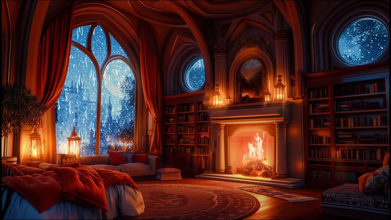Nighttime Thunderstorm Haven - Rain and Fireplace Sounds - Castle Ambience