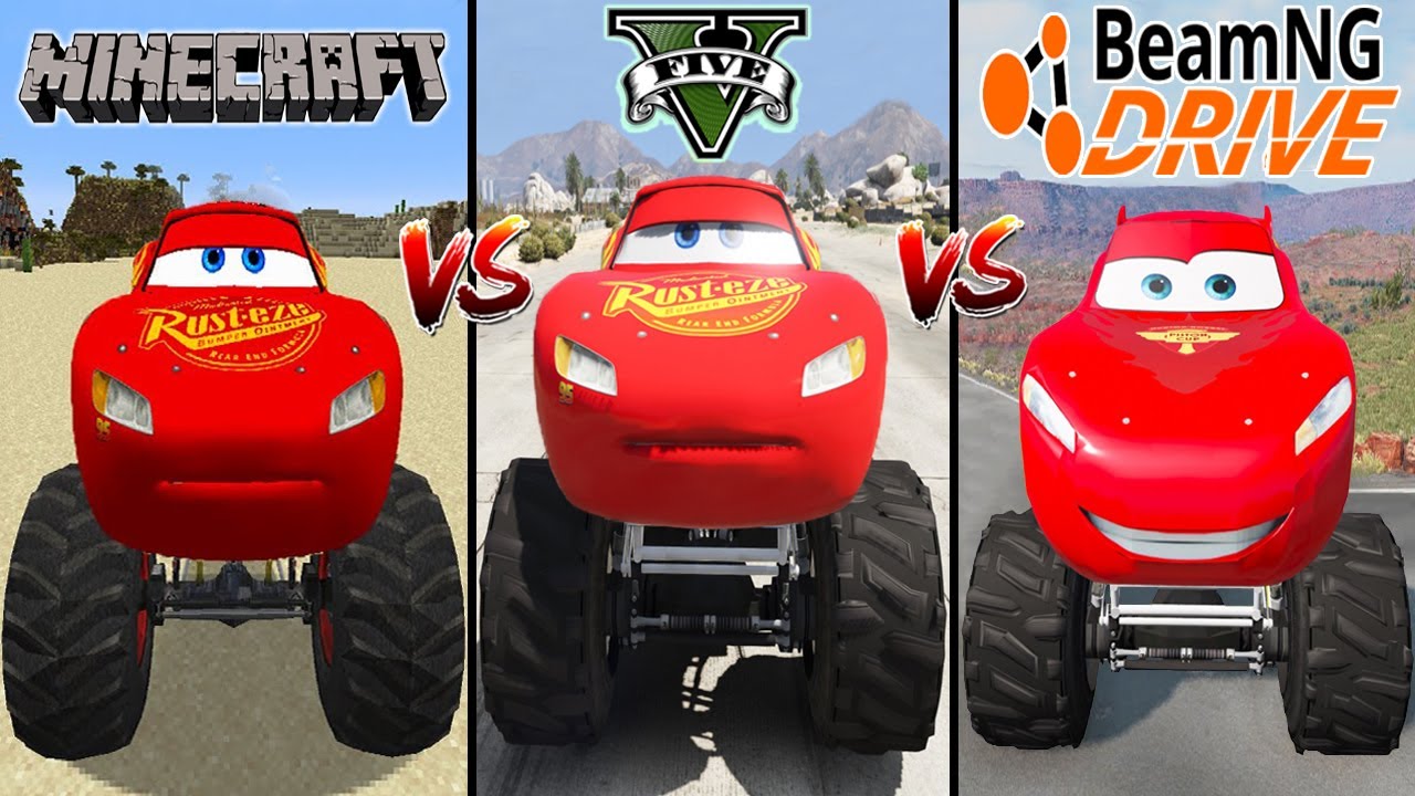 Minecraft Monster truck McQueen VS GTA 5 Monster McQueen VS BeamNG Monster McQueen - WHO IS BEST?