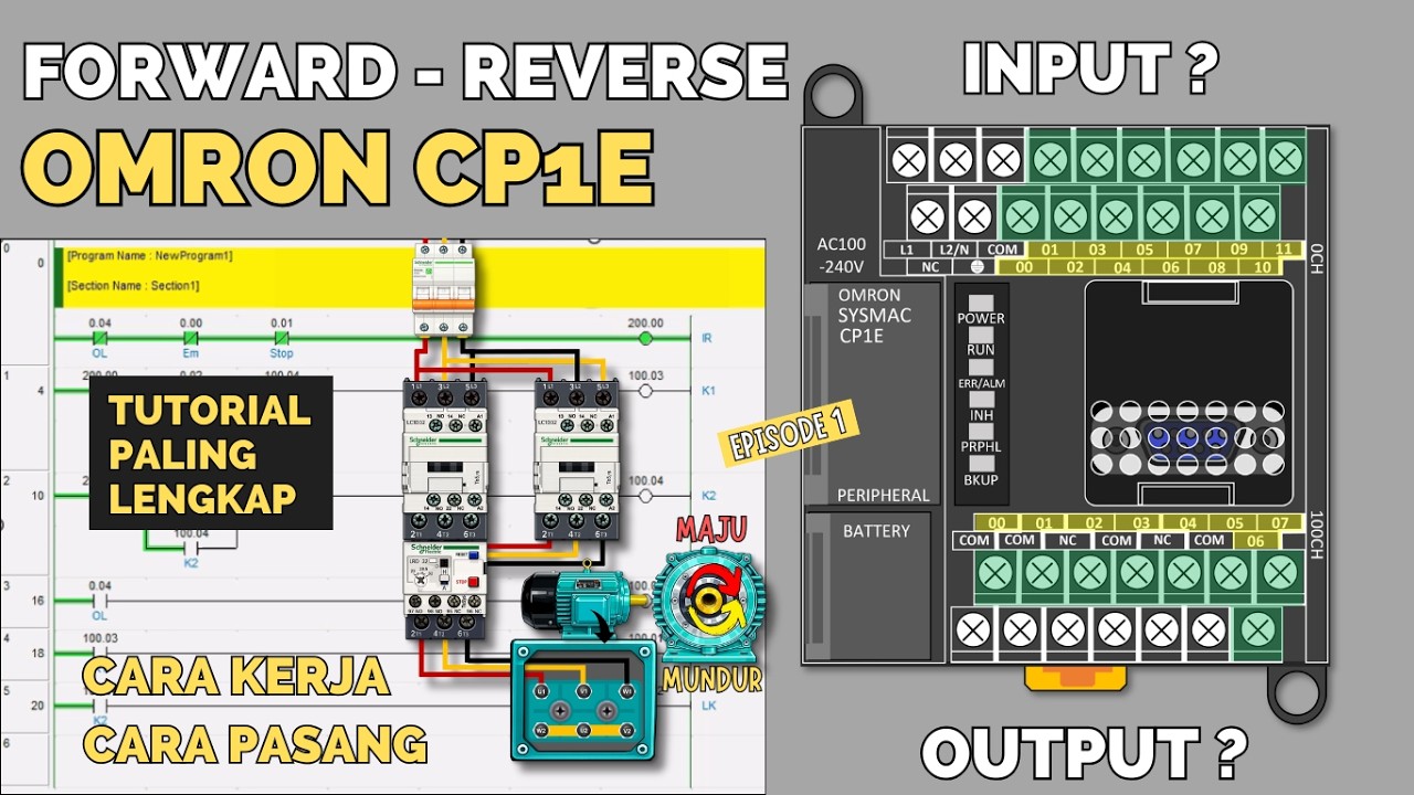 BELAJAR PLC DARI NOL | EPISODE 1 | RANGKAIAN FORWARD REVERSE MOTOR 3 PHASE PLC OMRON CP1E