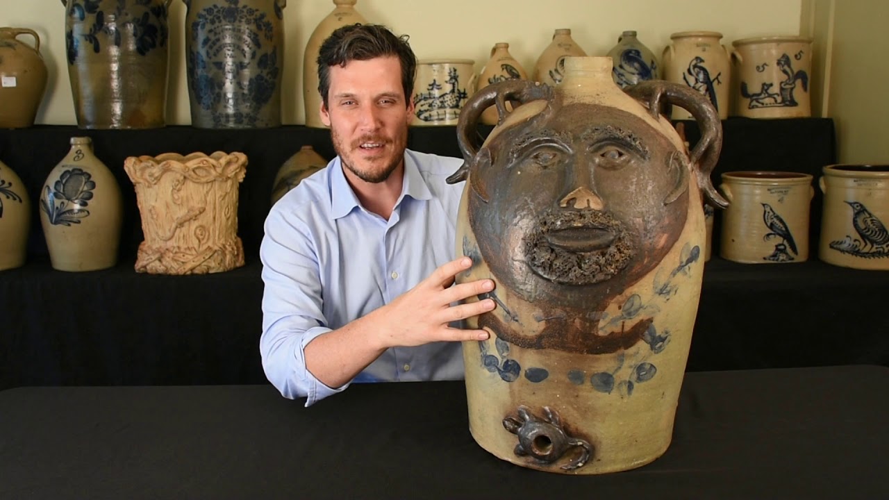Monumental Antique American Stoneware Face Water Cooler, circa 1870