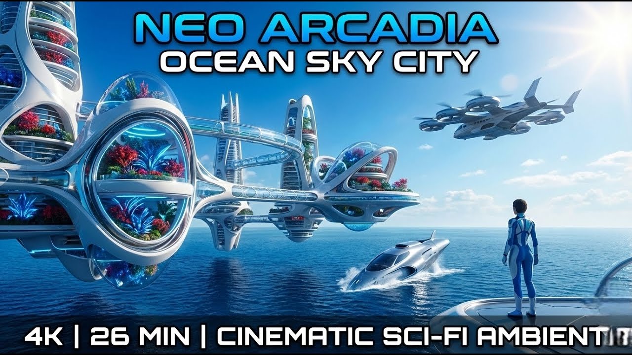 Neo Arcadia Ocean Sky City 4K | 26 Minutes Cinematic Sci Fi Ambient Music