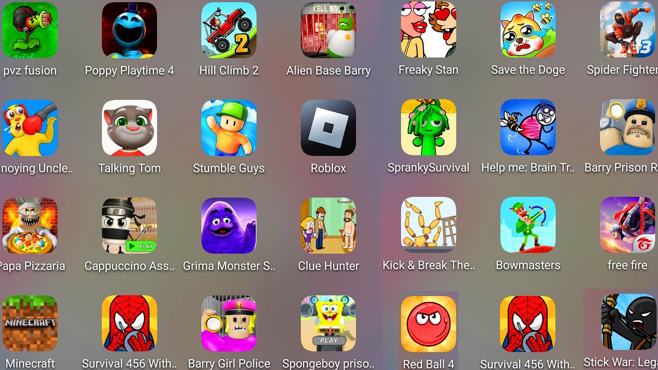 Grimace Monster Scary Survival,Superhero Play 456,SPONGEBOB BARRY'S,Free Fire,Stumble Guys,Minecraft