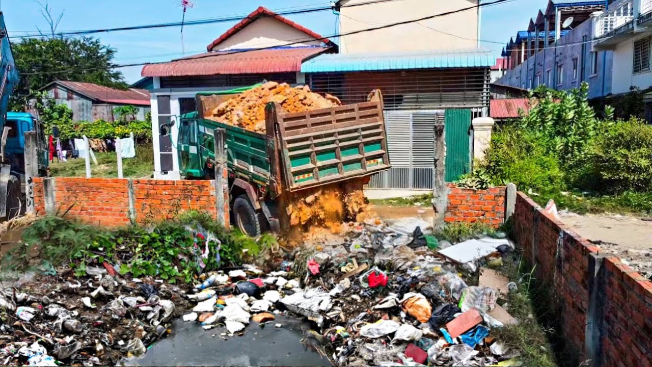 First Starting A New Project!! Filling Land Delete Garbage By Bulldozer with 5ton Trucks