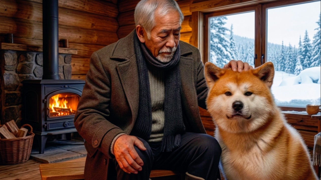 雪の小屋で暮らす老人と秋田犬｜静かな冬の日々