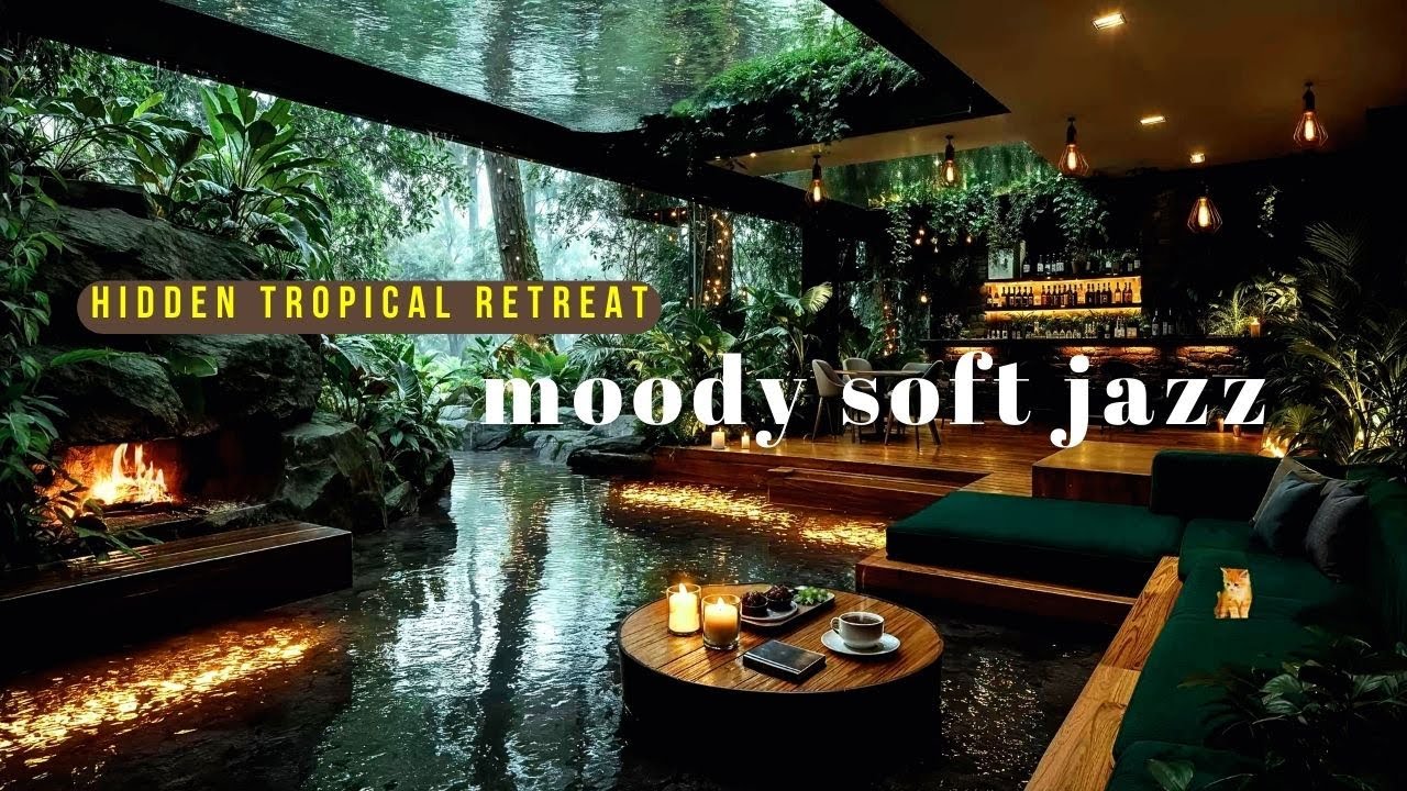 Hidden Tropical Retreat in the Rain | Moody Jazz Soft & Fireplace for Creative Writing