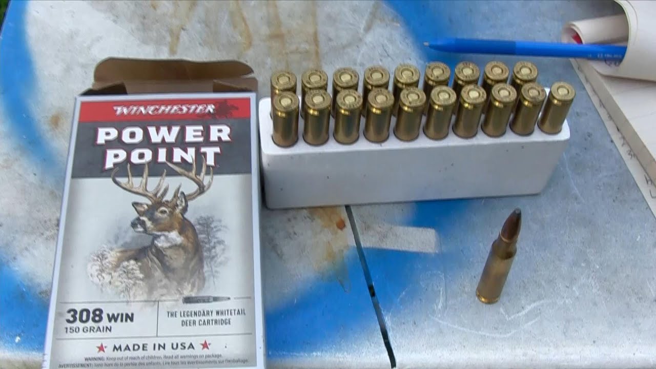 Winchester PowerPoint 150gr 308 ballistics gel test and chronograph