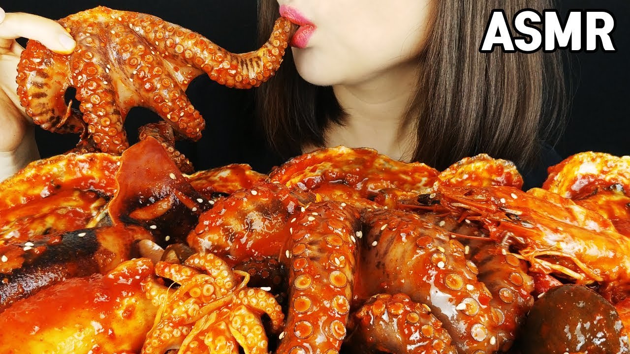 ASMR пряных морепродукты (осьминоги, кальмары, креветки, устрицы, грибы, бобовые ростки) MUKBANG