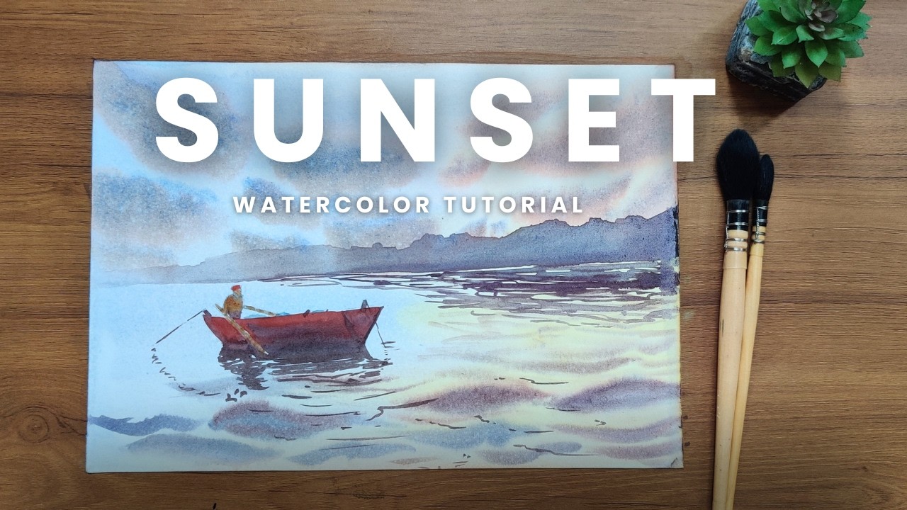 Cloudy Sunset scenery Painting in Watercolor/Boat Reflection in Watercolor