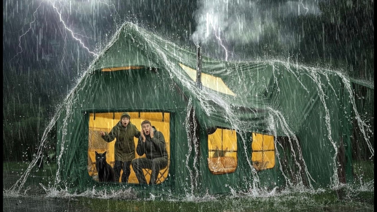 HEAVY RAIN AND THE CRAZIEST LIGHTNING‼️CAMPING IN A WARM TENT DURING HEAVY LIGHTNING WITH A CAT ⛈️