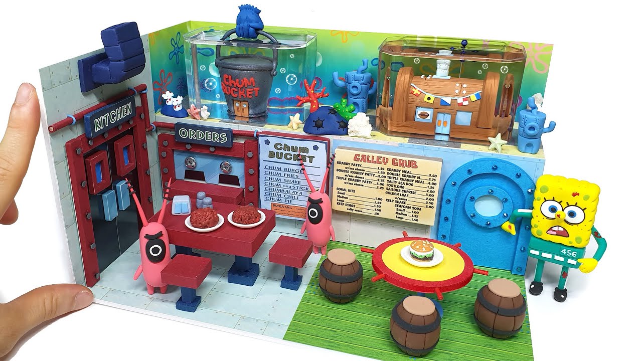 DIY Miniature Spongebob The Krusty Krab VS Chum Bucket Board Shop# - Spongebob Mr. Krabs VS Plankton