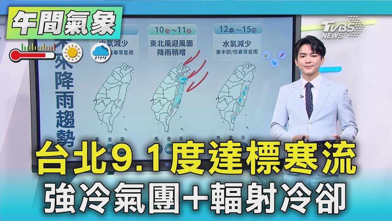 天氣/台北9.1度達標寒流 強冷氣團+輻射冷卻｜氣象主播 吳軒彤｜午間氣象｜TVBS新聞20260109 @TVBSNEWS01