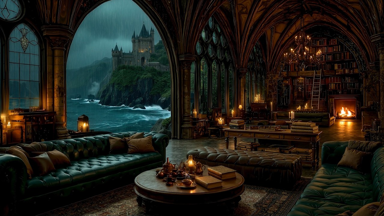 Gothic Seaside Library Ambience with Fireplace & Rain | Relaxing Piano & Violin | Dark Academia