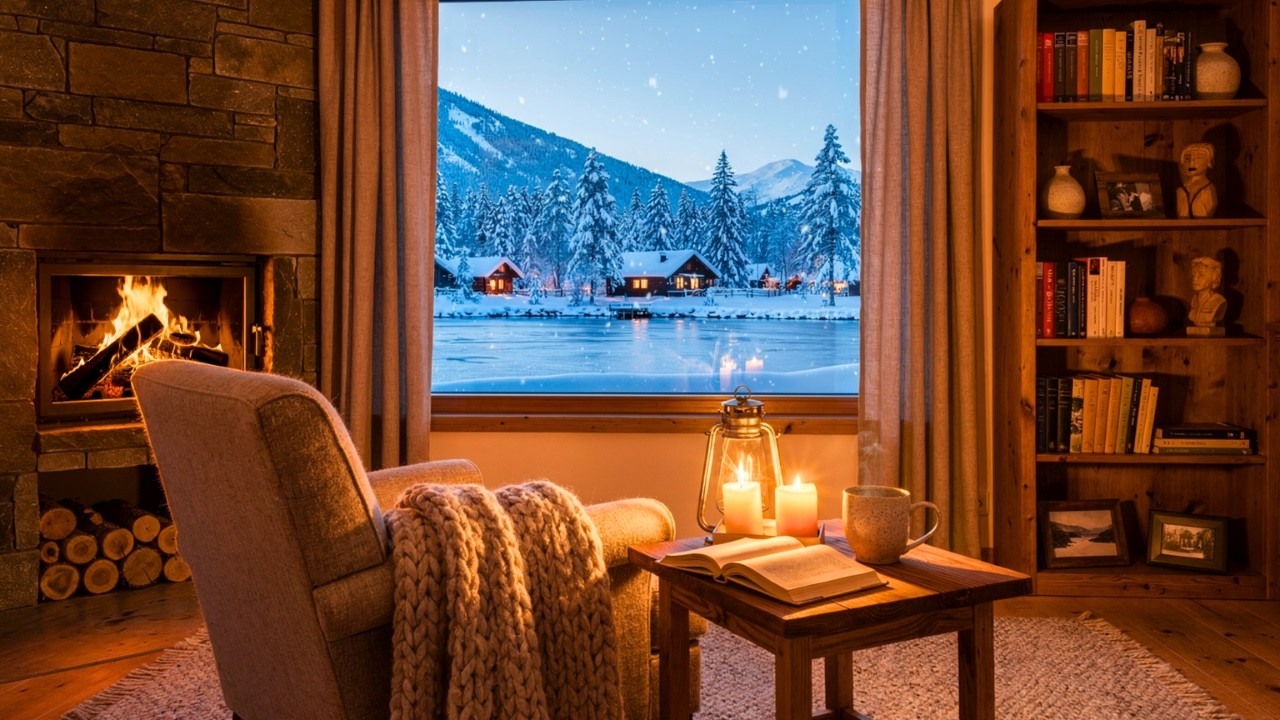 Snowy Winter Café Atmosphere ❄️ Calm Jazz Piano, Fireplace Sounds & Cozy Village for Study & Relax!!