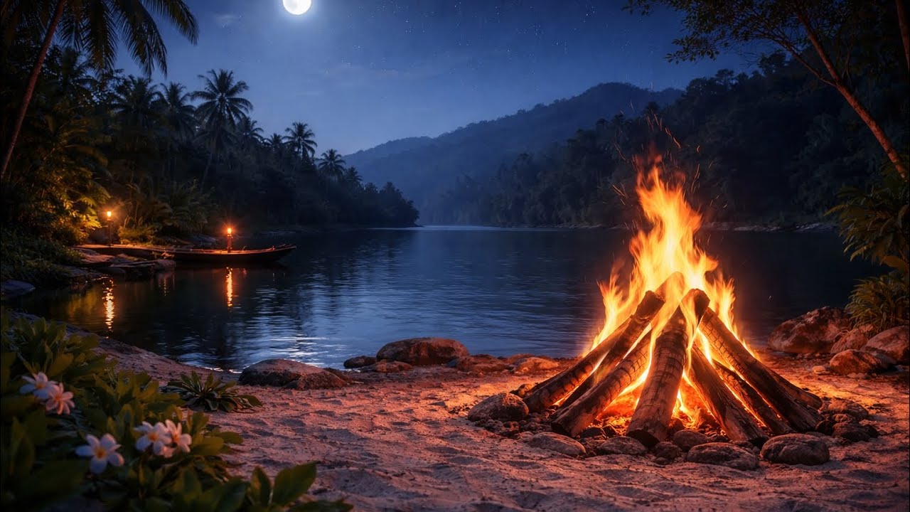 Tropical Night Campfire & Ocean Waves 🌙 Relaxing Ambient Sounds for Sleep & Meditation 