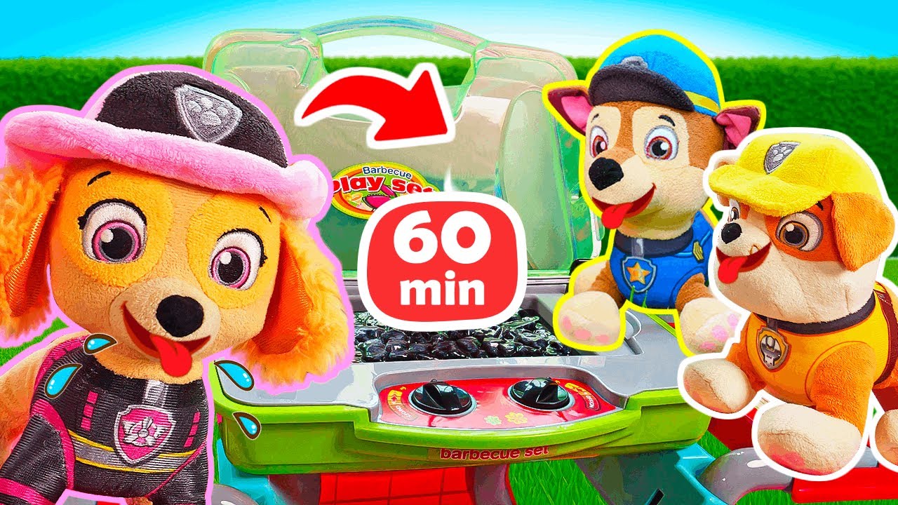 Les nouvelles aventures l'équipe de la Pat' Patrouille en peluche. Jeux avec voitures et jouets