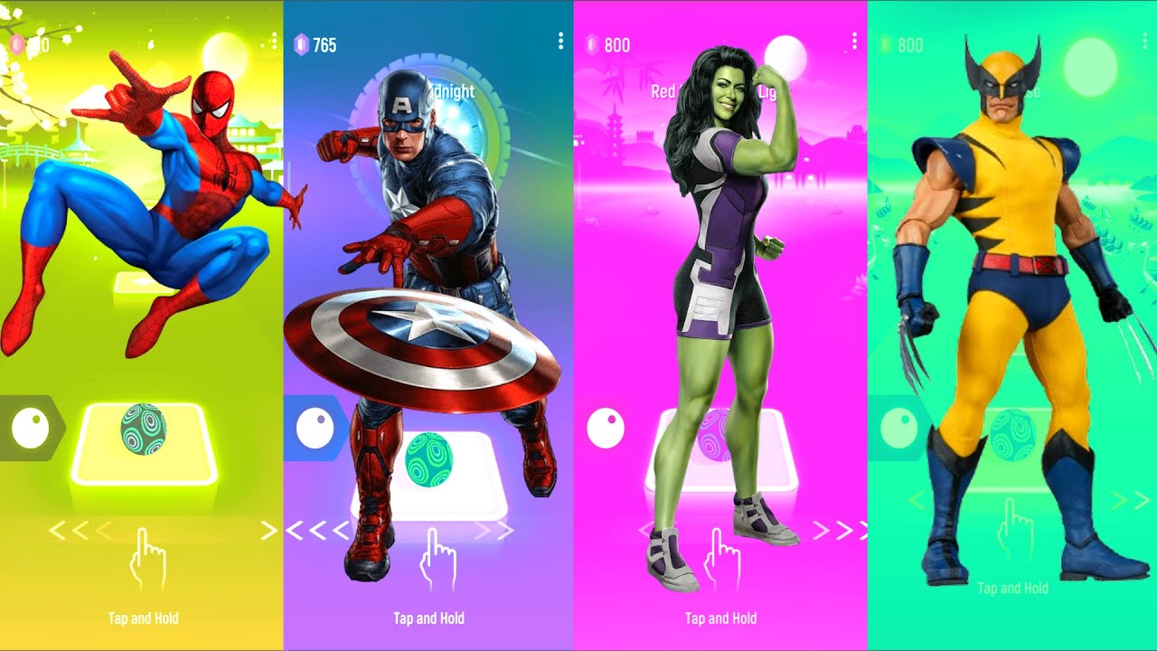 Spiderman 🆚 Captain America 🆚 She-Hulk 🆚 Wolverine | Marvel Heroes | Tiles Hop Fun Ball