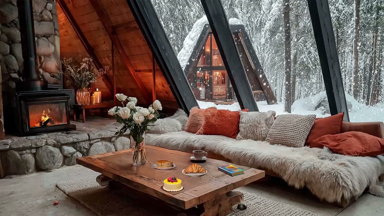 Snowy Cabin Jazz ☕ Gentle Piano Melodies with Warm Fireplace Sounds for Studying