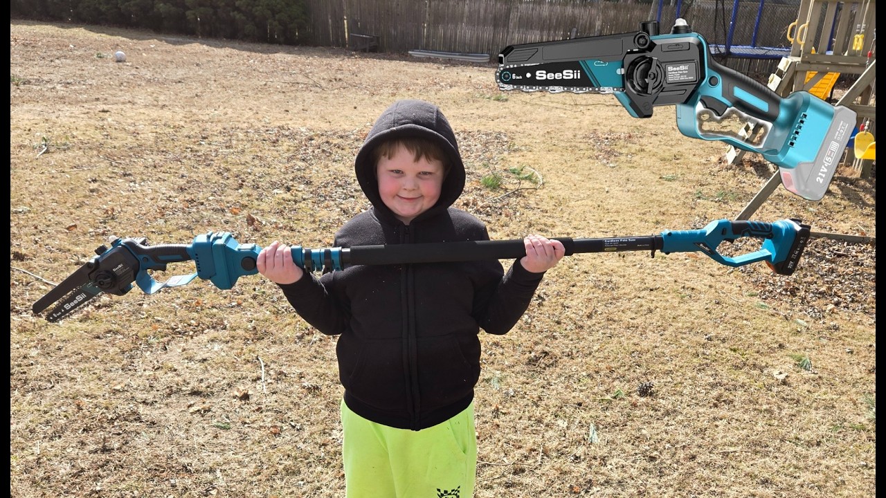 Our new ELECTRIC POLESAW! Chainsaws for kids | POWER GARDENING TOOLS FOR KIDS