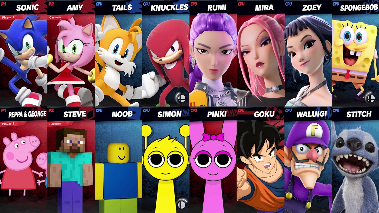 NEW Sonic vs Roblox vs Minecraft vs Peppa vs Fortnite vs SpongeBob vs Goku vs Steve in Smash Bros