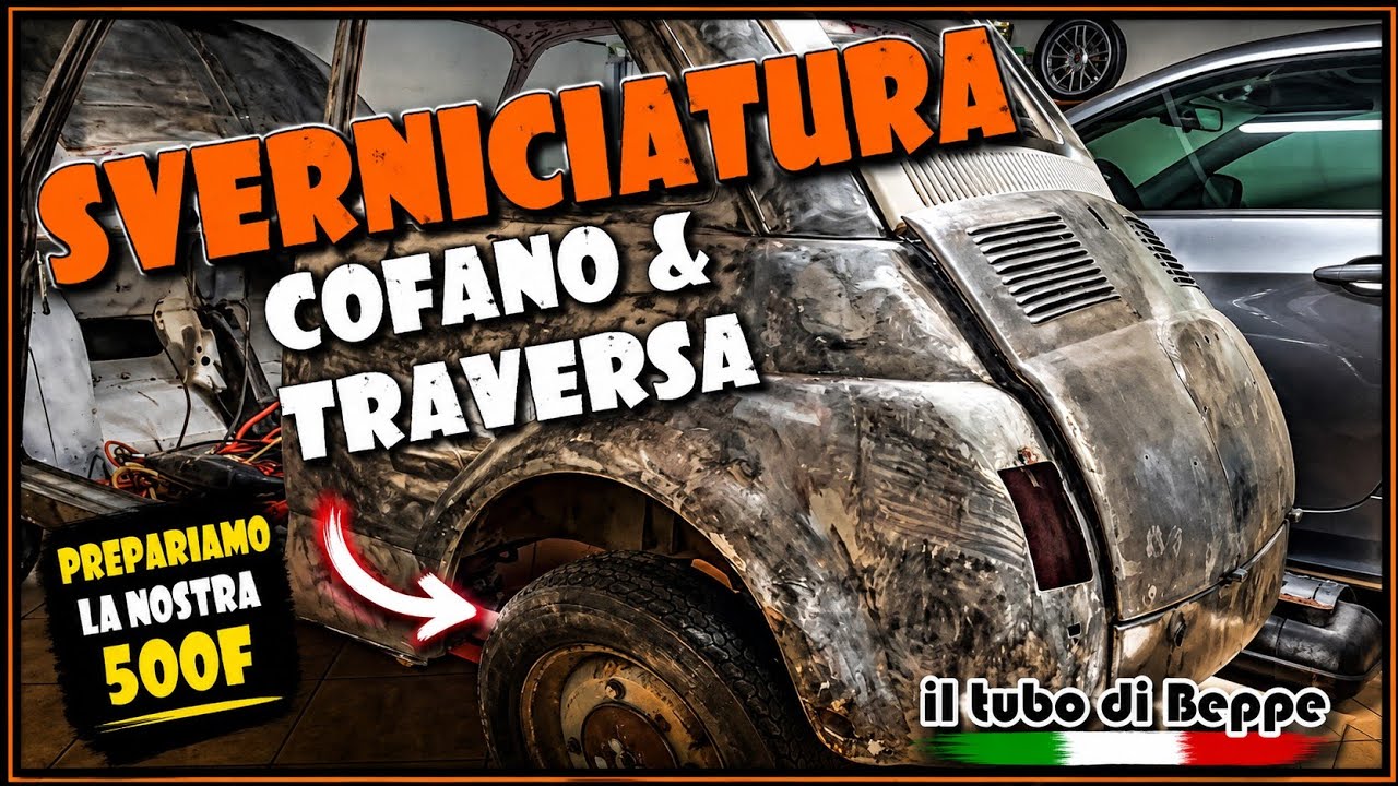 Smontaggio e sverniciatura cofano posteriore e traversa motore Fiat 500 epoca